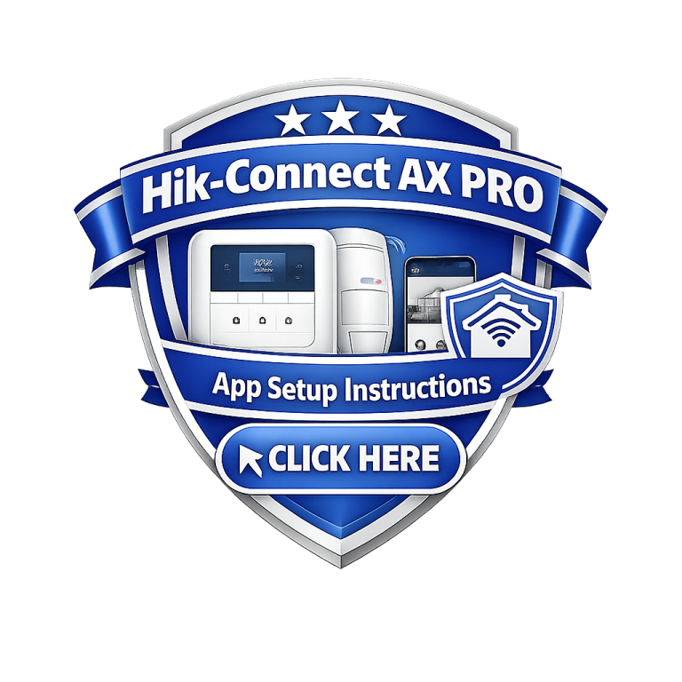 Hik-Connect logo with app setup instructions and a 'click here' prompt.