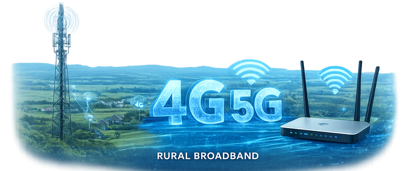 4G-5G Rural Broadband across Somerset and Wiltshire 4G and 5G rural broadband representation with a tower and a router.