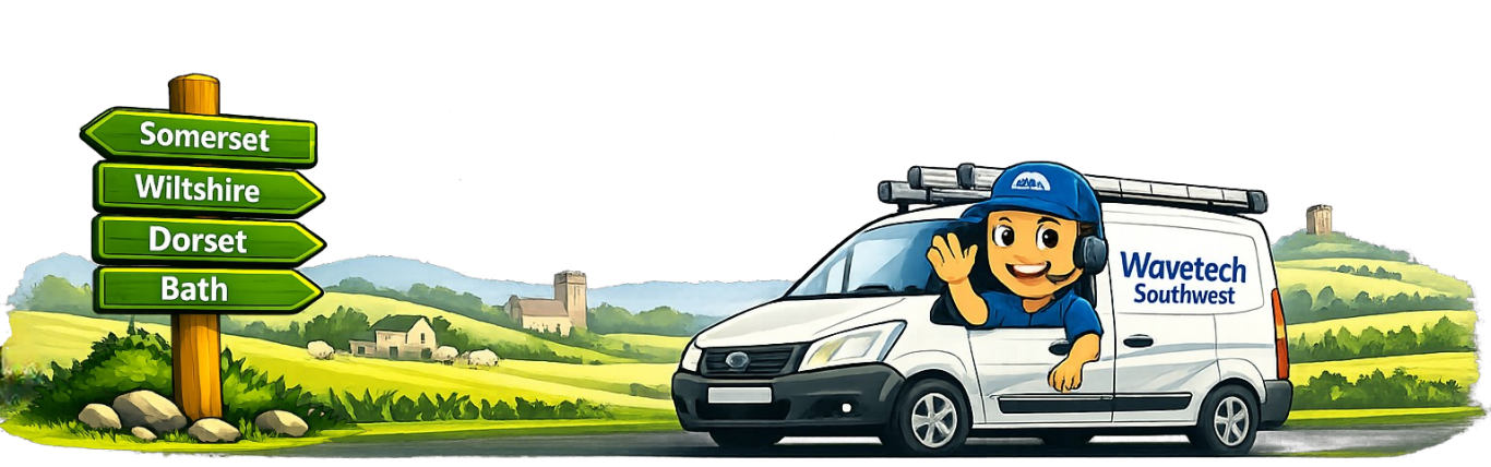 banner showing area covered, somerset,wiltshire, dorset and Bath Van with a friendly driver waving, surrounded by directional signs and a scenic countryside.