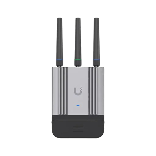 Unifi 4G External Router A grey and black wireless access point with three antennas on top.