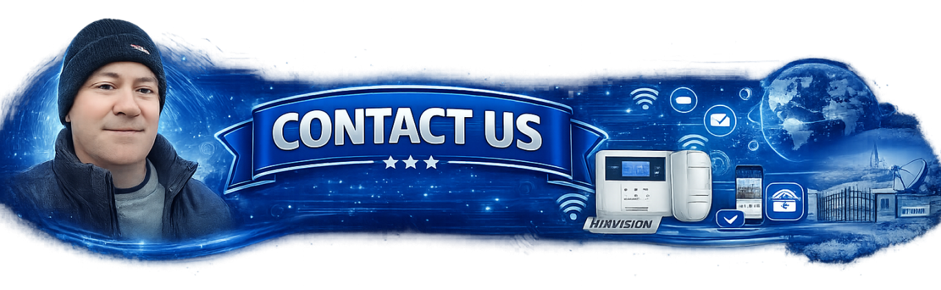 A man wearing a hat, with a blue background and "CONTACT US" text.