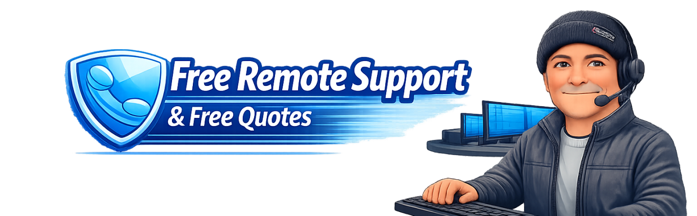 Logo featuring a technician with a headset and computers, promoting free remote support.
