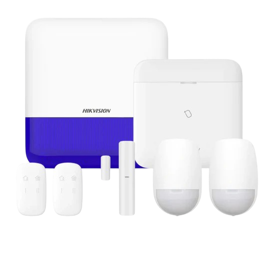Home security system components in white and blue, including sensors and cameras.