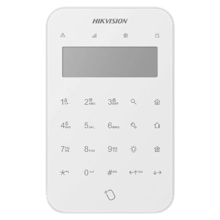 White keypad with numeric and function keys, featuring a display screen.